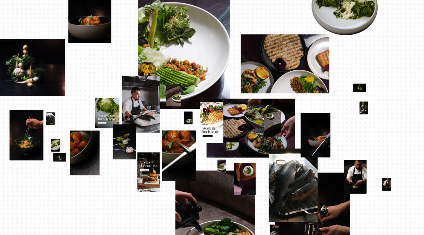 Board one: plated dishes, a chef, and restaurant ads